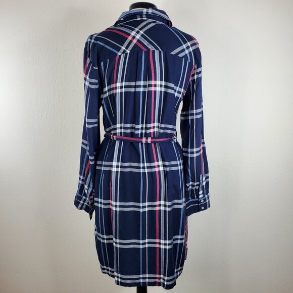 Motherhood maternity blue plaid dress large belted Roll Tab Sleeves pockets NWT - Picture 4 of 9